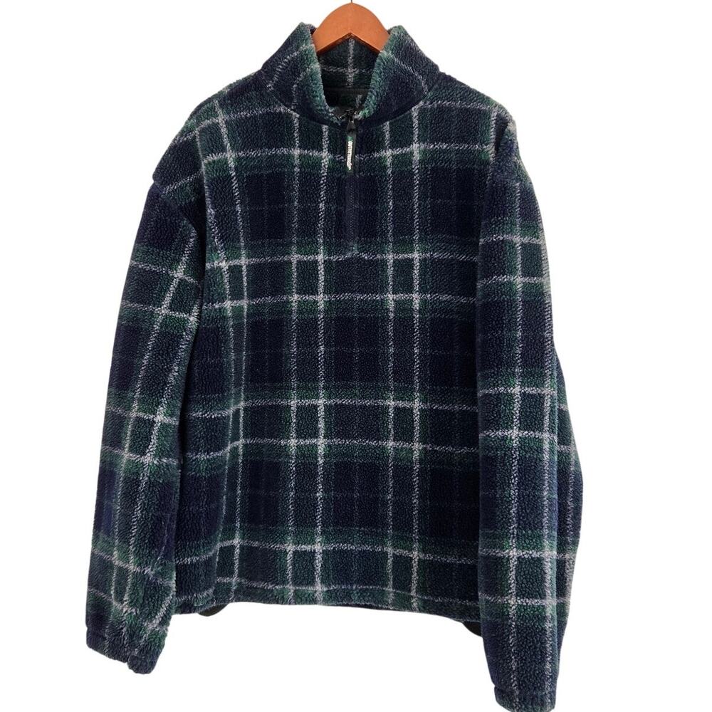 Vintage Y2K Gorpcore Green Plaid Sherpa Quarter Zip 90s Grunge Cabincore Large